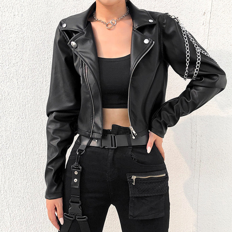 Women Black Leather Chain Linked Jacket Black Leather Jacket 