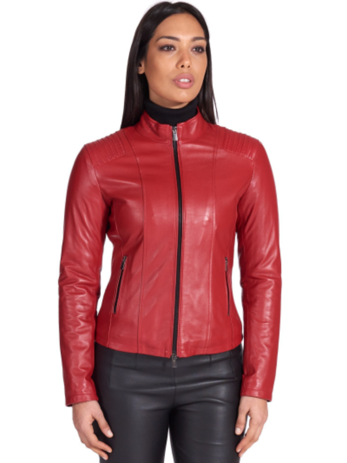 Women Red Biker Real Leather Jacket Boneshia