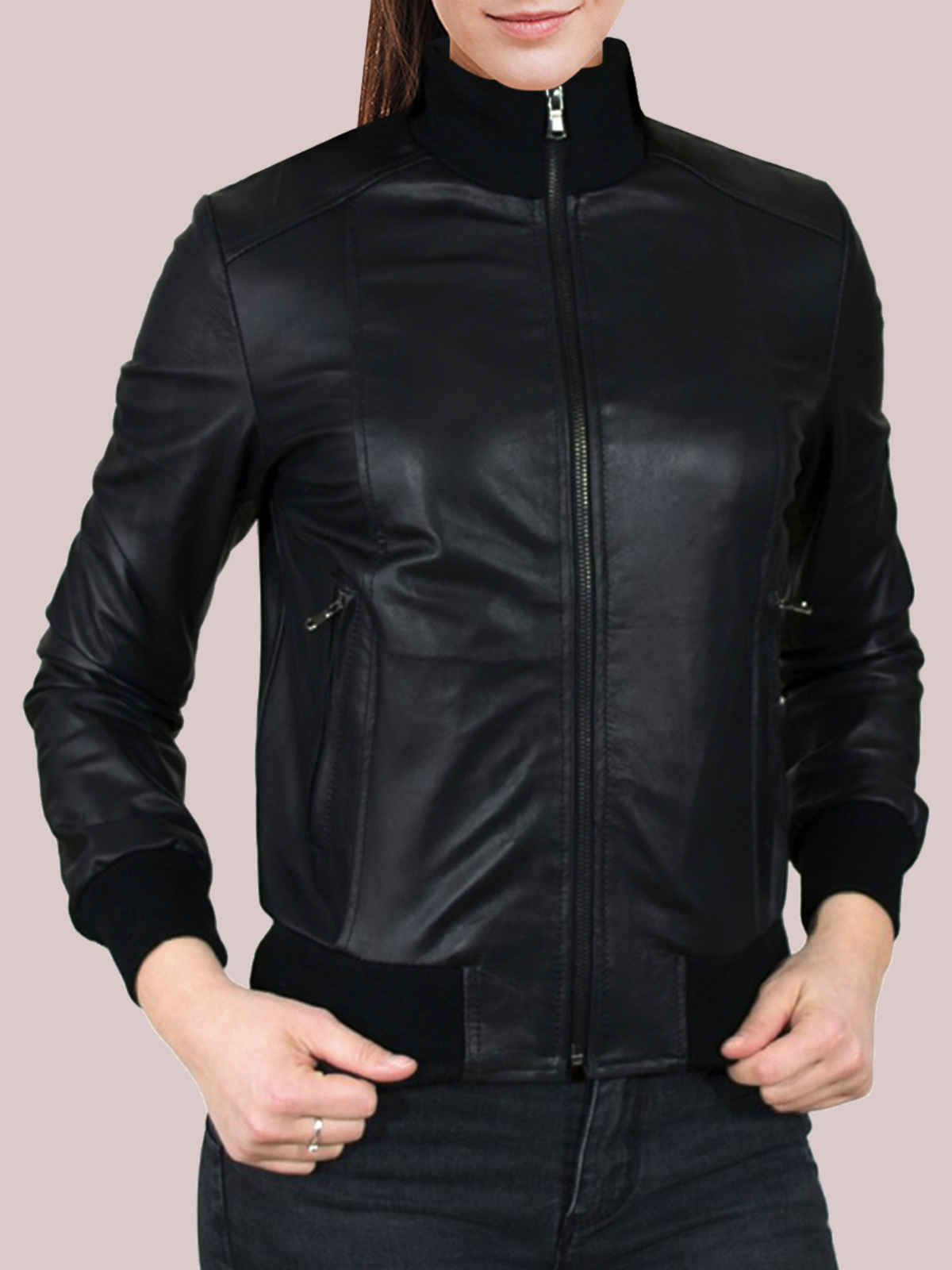 Women's Black Glossy Leather Bomber Jacket – boneshia