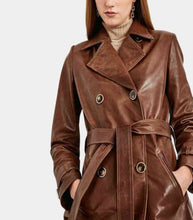 Load image into Gallery viewer, Womens Stylish Brown Trench Leather Coat
