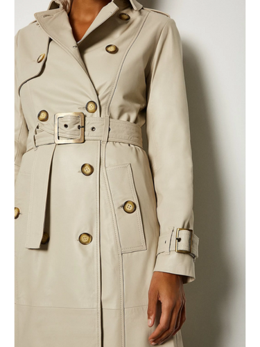 Womens Stylish Beige Leather Trench Coat