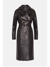 Load image into Gallery viewer, Womens Black Leather Trench Coat With Golden Buttons
