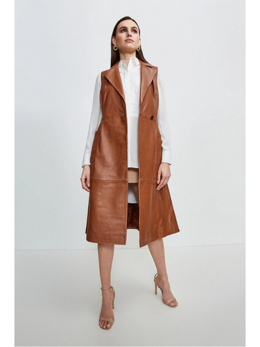 Womens Sleeveless Tan Brown Leather Trench Coat