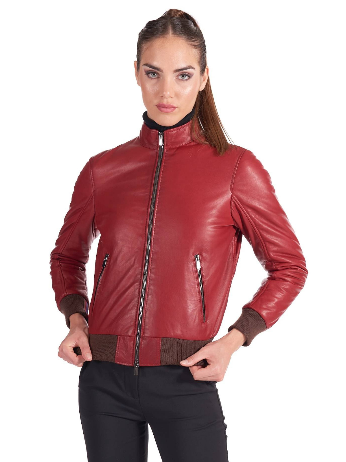 Womens Red Genuine Leather Bomber Jacket – boneshia