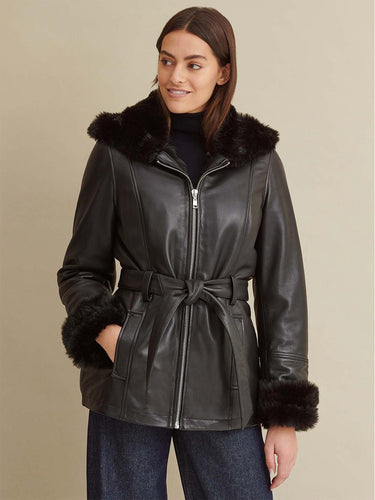 Black Hooded Shearling Leather Jacket