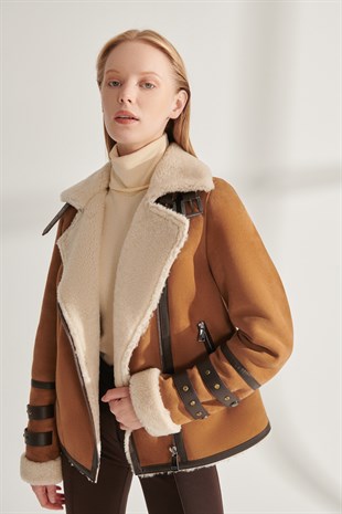 Women's Tan Suede Shearling Leather Jacket