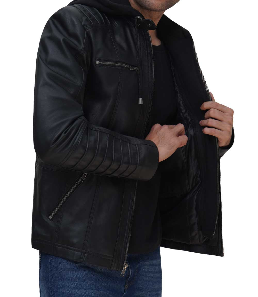 Black Cafe Racer Leather Jacket With Removable Hood – Boneshia – boneshia